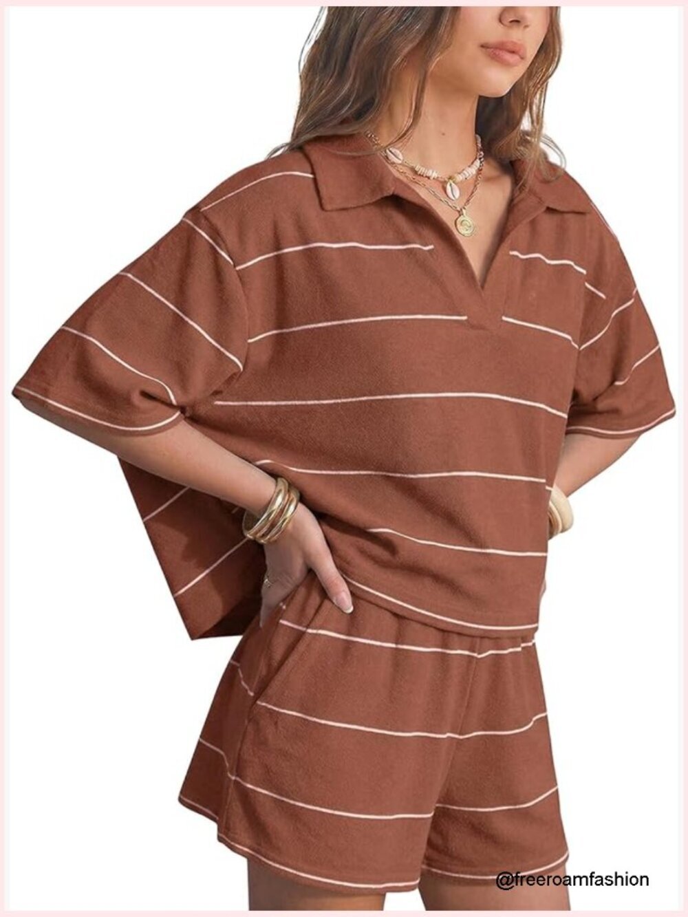 Women's 2 Piece Knit Short Set Oversized Polo Top Matching Shorts